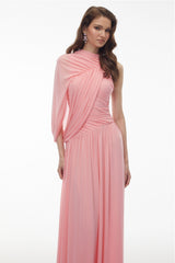 Uliana Pink One Shoulder Ruched Maxi Dress