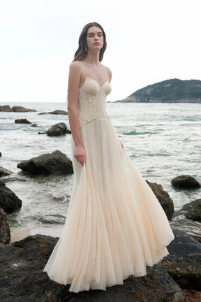 Ulrique Beige Lace Corset Tulle Maxi Dress