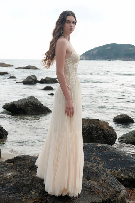 Cinzia Maxi Dress Beige Lace Corset Tulle
