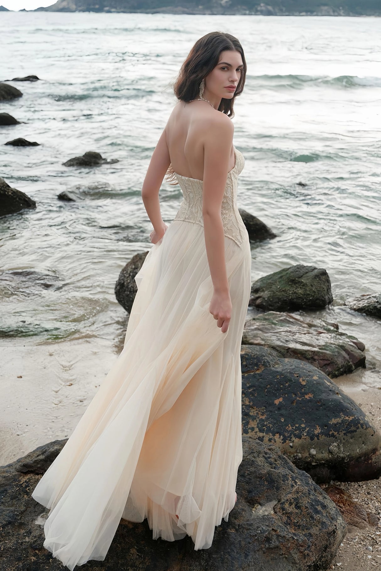 Ulrique Beige Lace Corset Tulle Maxi Dress
