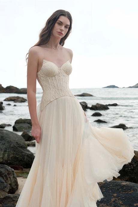 Cinzia Maxi Dress Beige Lace Corset Tulle