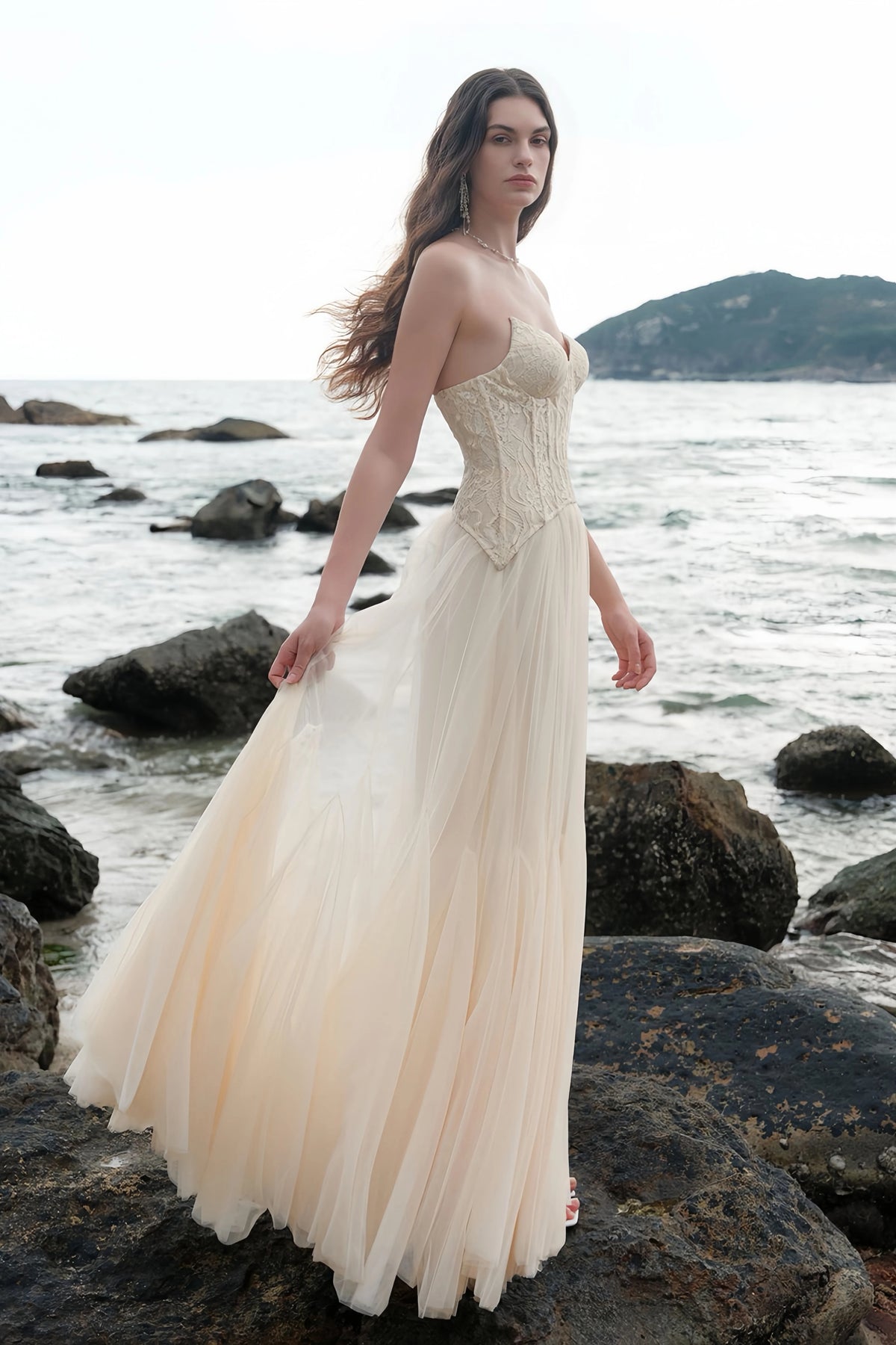 Ulrique Beige Lace Corset Tulle Maxi Dress