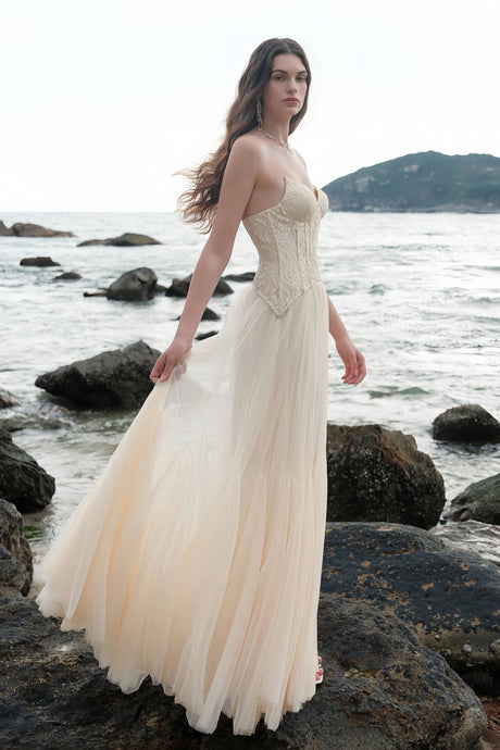Cinzia Maxi Dress Beige Lace Corset Tulle