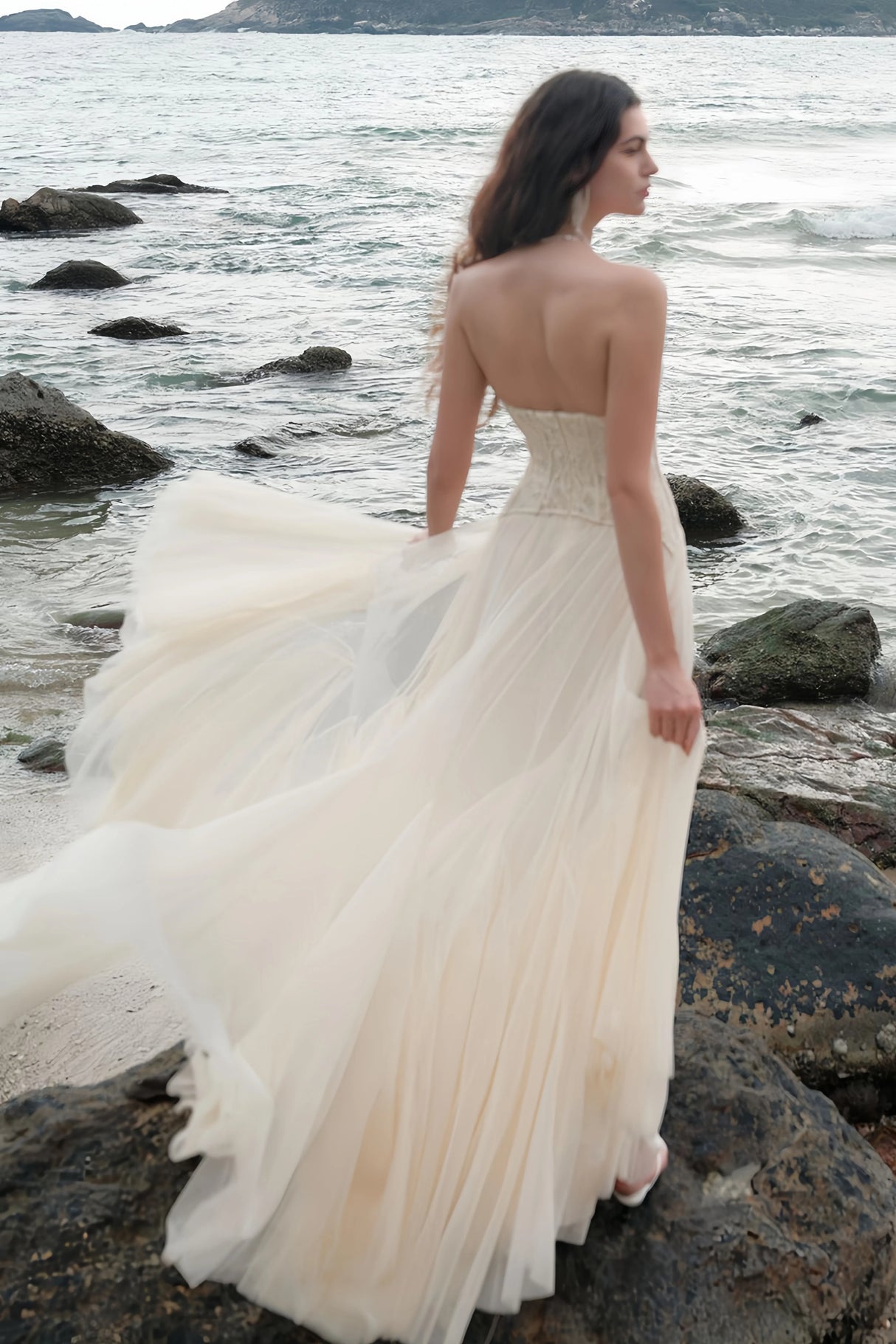 Ulrique Beige Lace Corset Tulle Maxi Dress