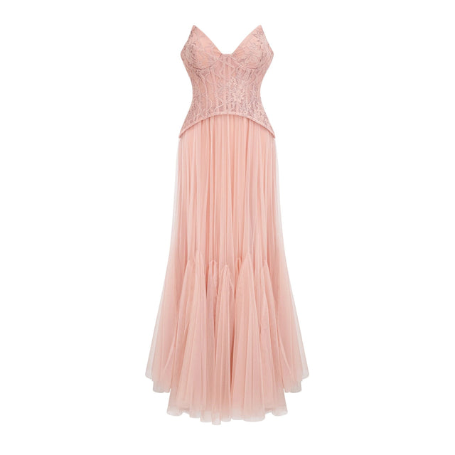 Ulrique Pink Lace Corset Tulle Maxi Dress