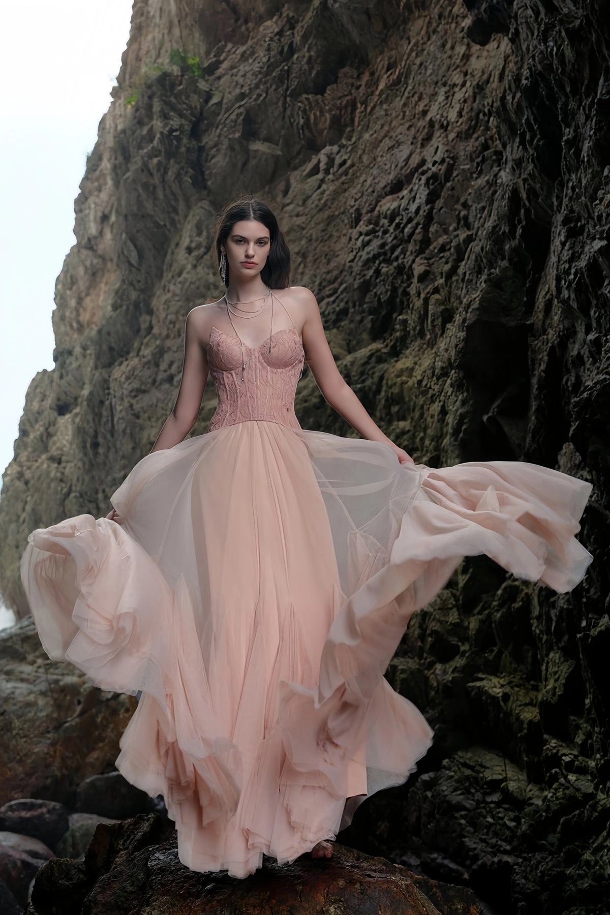 Ulrique Pink Lace Corset Tulle Maxi Dress