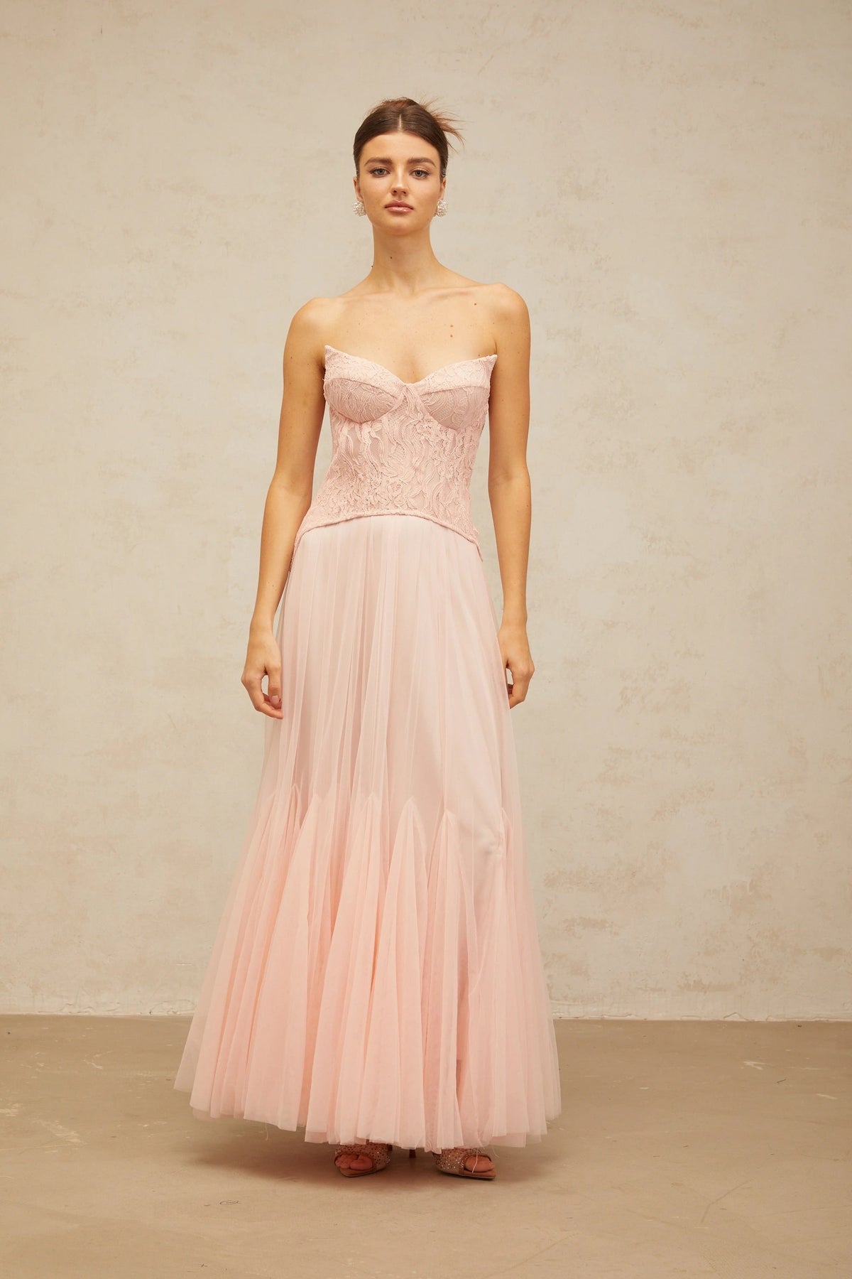 Ulrique Pink Lace Corset Tulle Maxi Dress