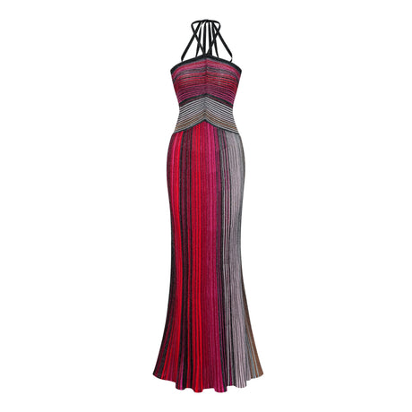 Emilee Maxi Dress Red Metallic Knit Halterneck