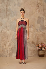 Ulysse Red Metallic Knit Halterneck Maxi Dress