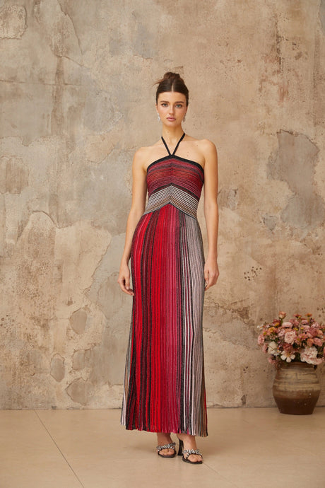 Emilee Maxi Dress Red Metallic Knit Halterneck