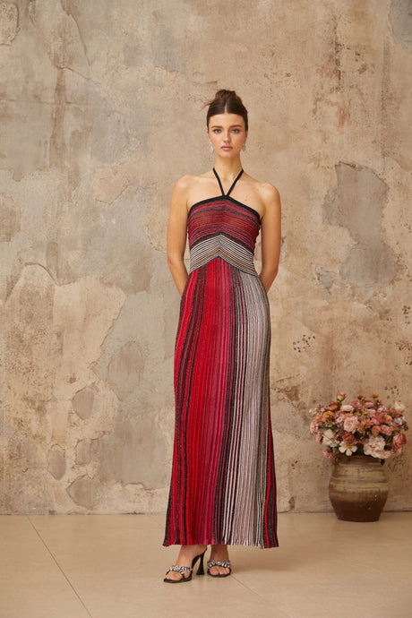Emilee Maxi Dress Red Metallic Knit Halterneck
