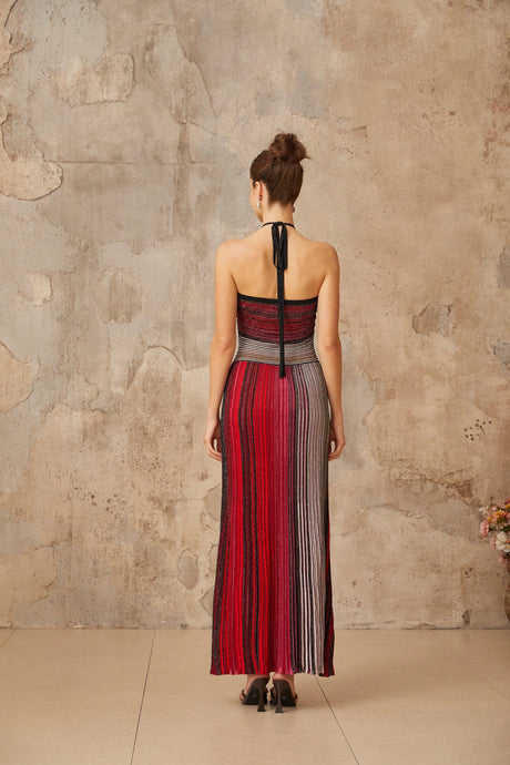 Emilee Maxi Dress Red Metallic Knit Halterneck