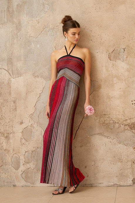 Emilee Maxi Dress Red Metallic Knit Halterneck