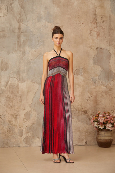 Emilee Maxi Dress Red Metallic Knit Halterneck