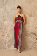 Ulysse Red Metallic Knit Halterneck Maxi Dress
