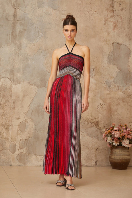 Emilee Maxi Dress Red Metallic Knit Halterneck