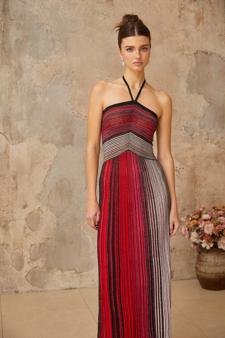 Emilee Maxi Dress Red Metallic Knit Halterneck