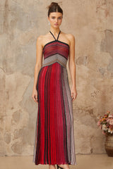 Ulysse Red Metallic Knit Halterneck Maxi Dress