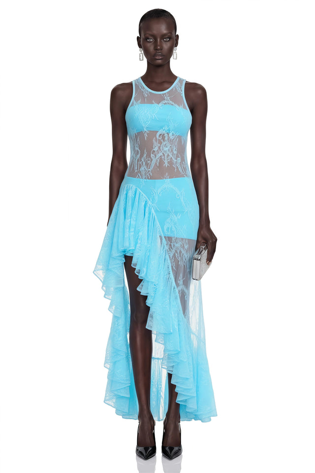 Umber Blue Lace Ruffled Asymmetrical Maxi Dress