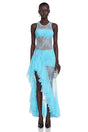 Umber Blue Lace Ruffled Asymmetrical Maxi Dress