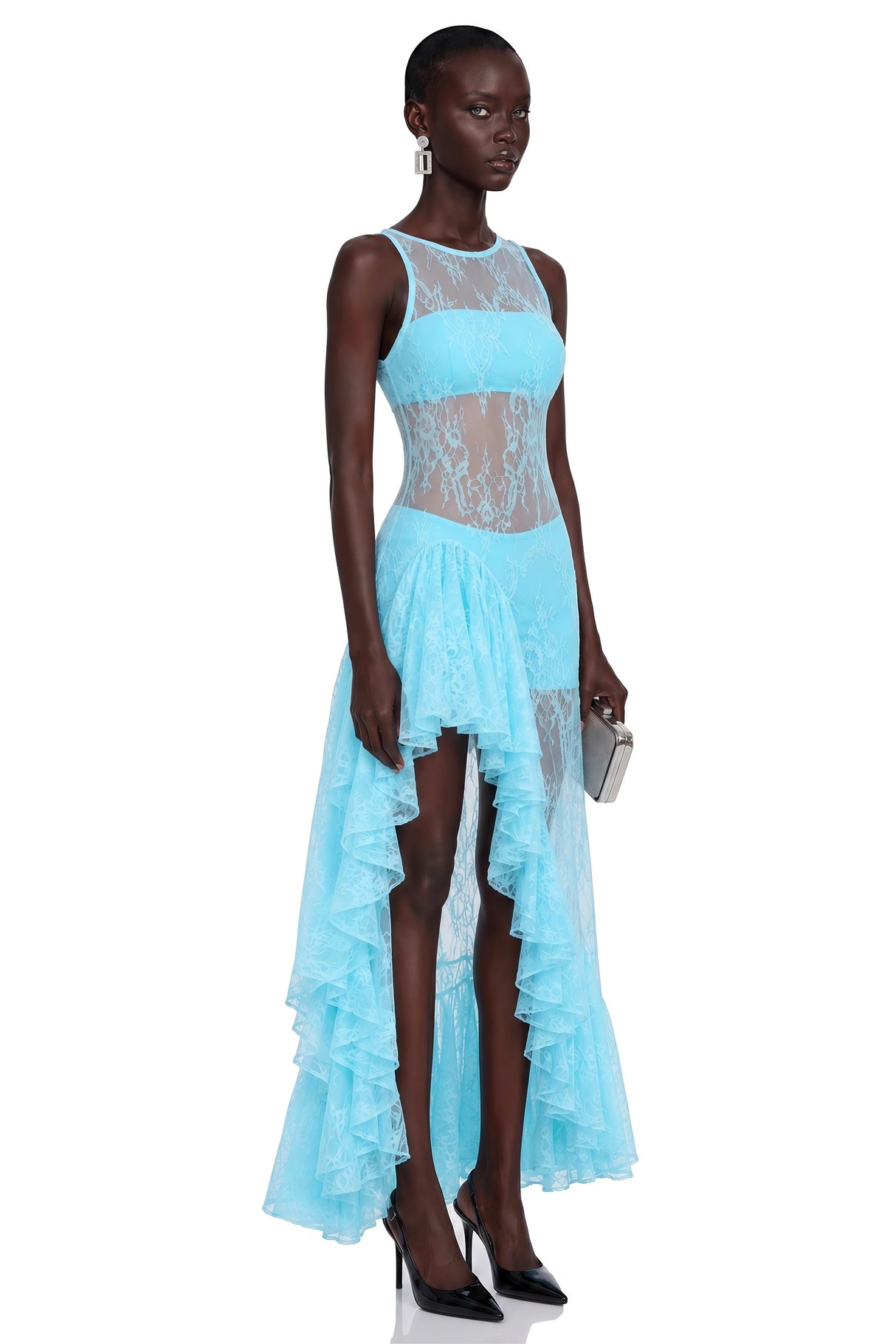 Umber Blue Lace Ruffled Asymmetrical Maxi Dress