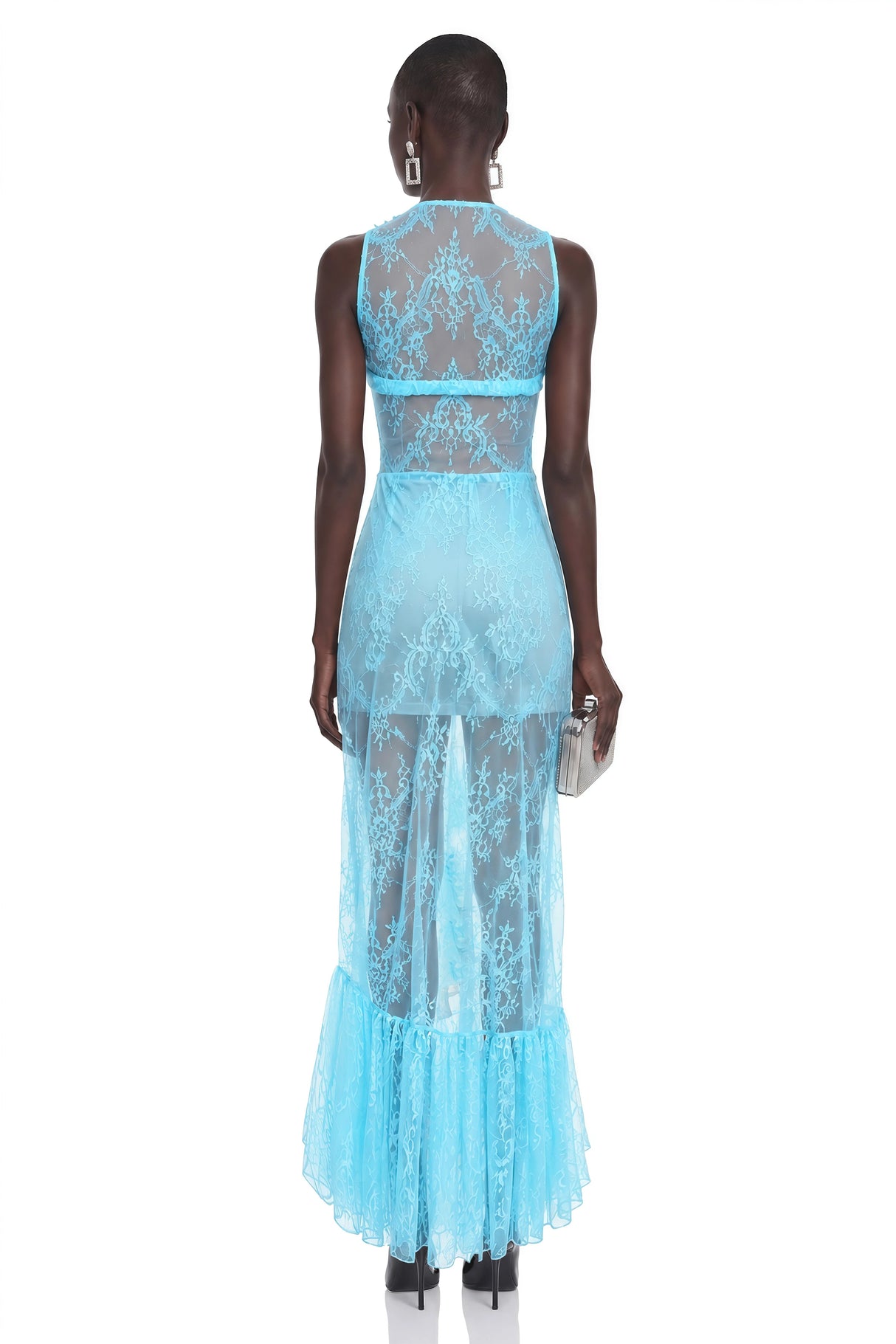 Umber Blue Lace Ruffled Asymmetrical Maxi Dress