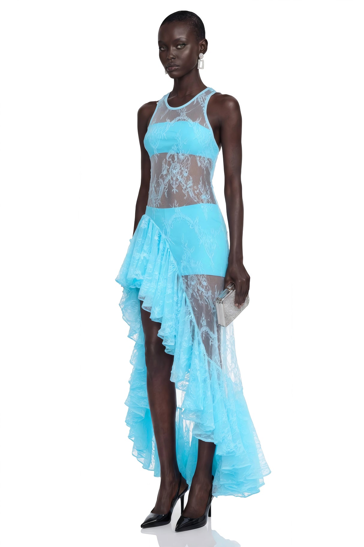 Umber Blue Lace Ruffled Asymmetrical Maxi Dress