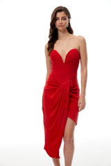 Una Red Strapless Gathered Corset Mini Dress