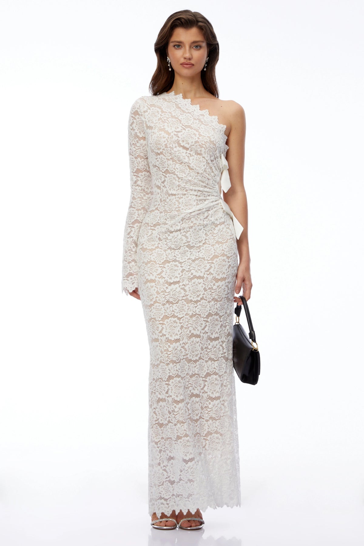 Unity White One Shoulder Lace Maxi Dress with Bow