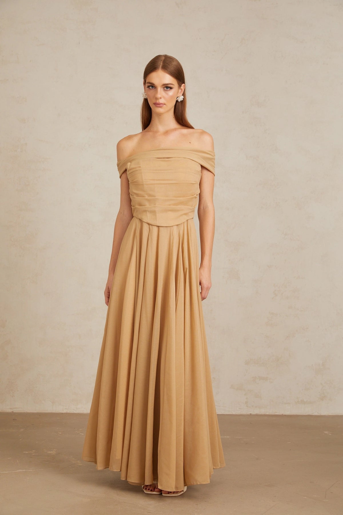 Urbaine Khaki Ruched Tulle Maxi Dress