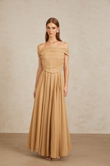Urbaine Khaki Ruched Tulle Maxi Dress