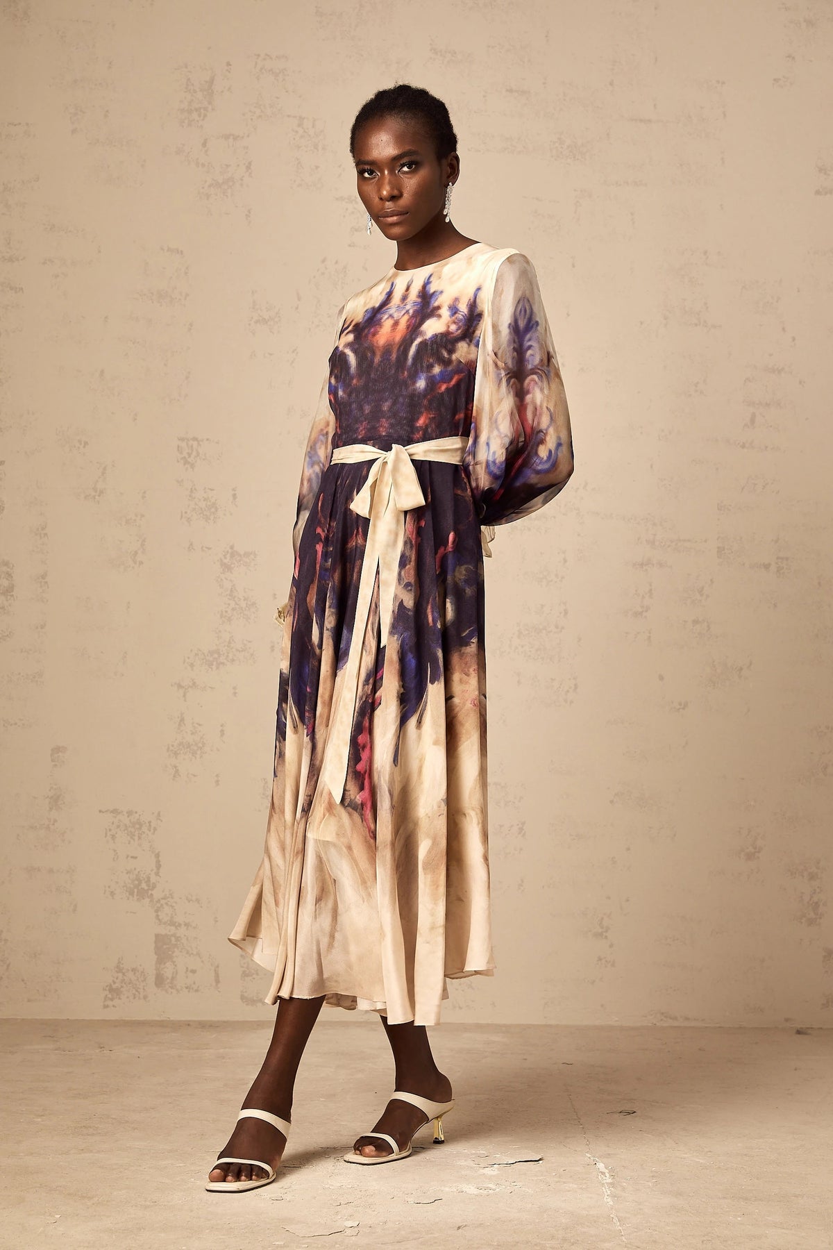 Urbaine smudged graffitiprint silk midi dress