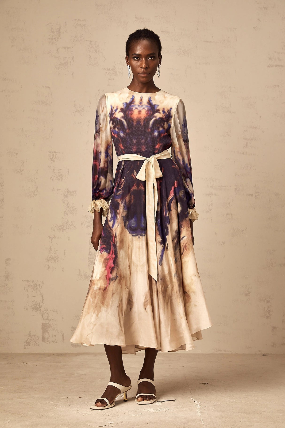 Urbaine smudged graffitiprint silk midi dress