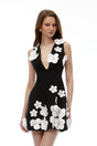 Ursula Black Plunge Neck Mini Dress with 3D Petals