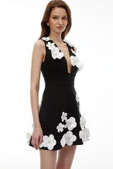 Ursula Black Plunge Neck Mini Dress with 3D Petals