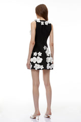 Ursula Black Plunge Neck Mini Dress with 3D Petals