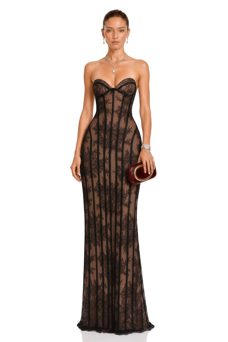 Concetta Maxi Dress Black Floral Lace Corset