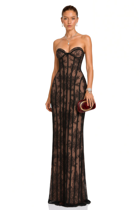 Concetta Maxi Dress Black Floral Lace Corset