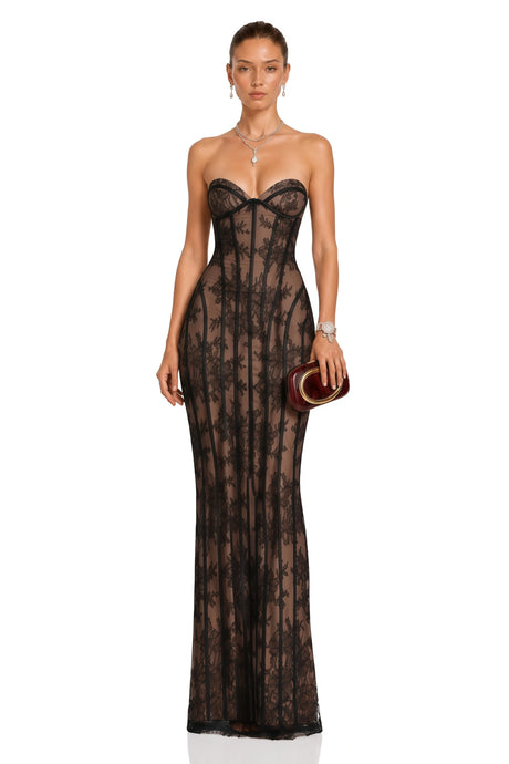 Concetta Maxi Dress Black Floral Lace Corset