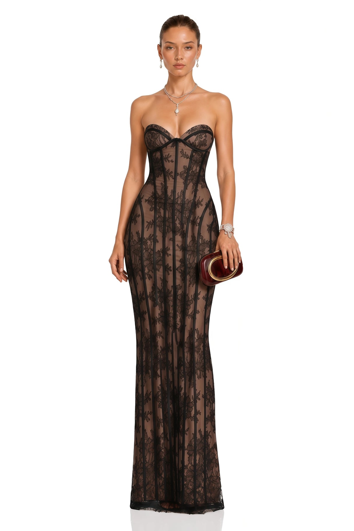 Urszula Black Floral Lace Corset Maxi Dress