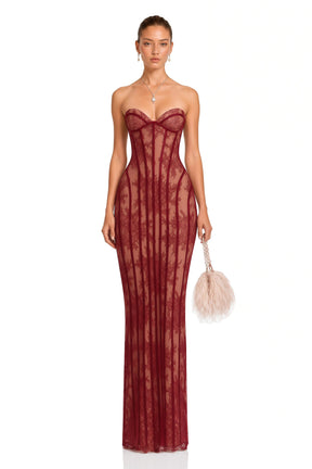 Urszula Red Floral Lace Corset Maxi Dress