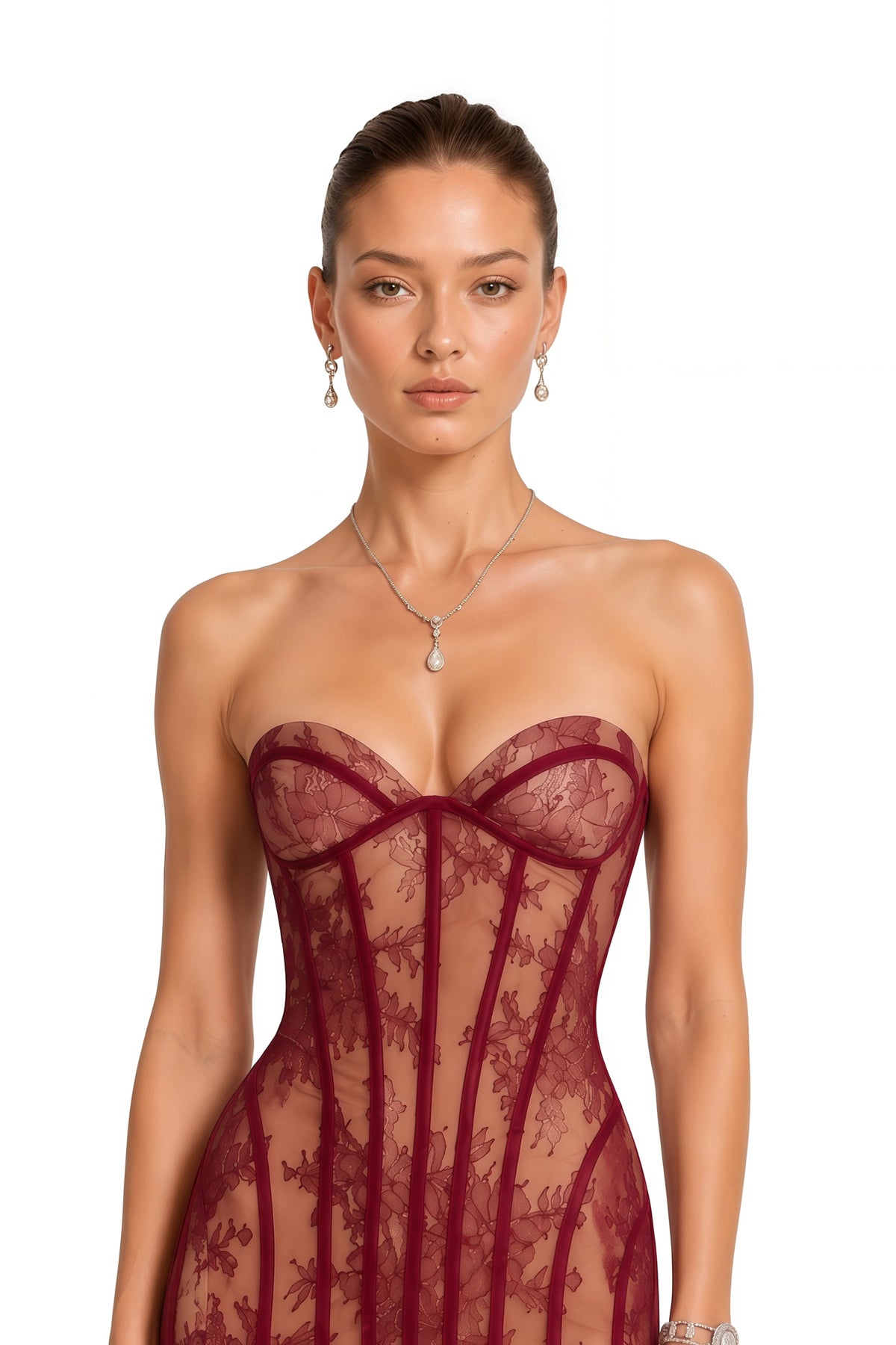 Urszula Red Floral Lace Corset Maxi Dress
