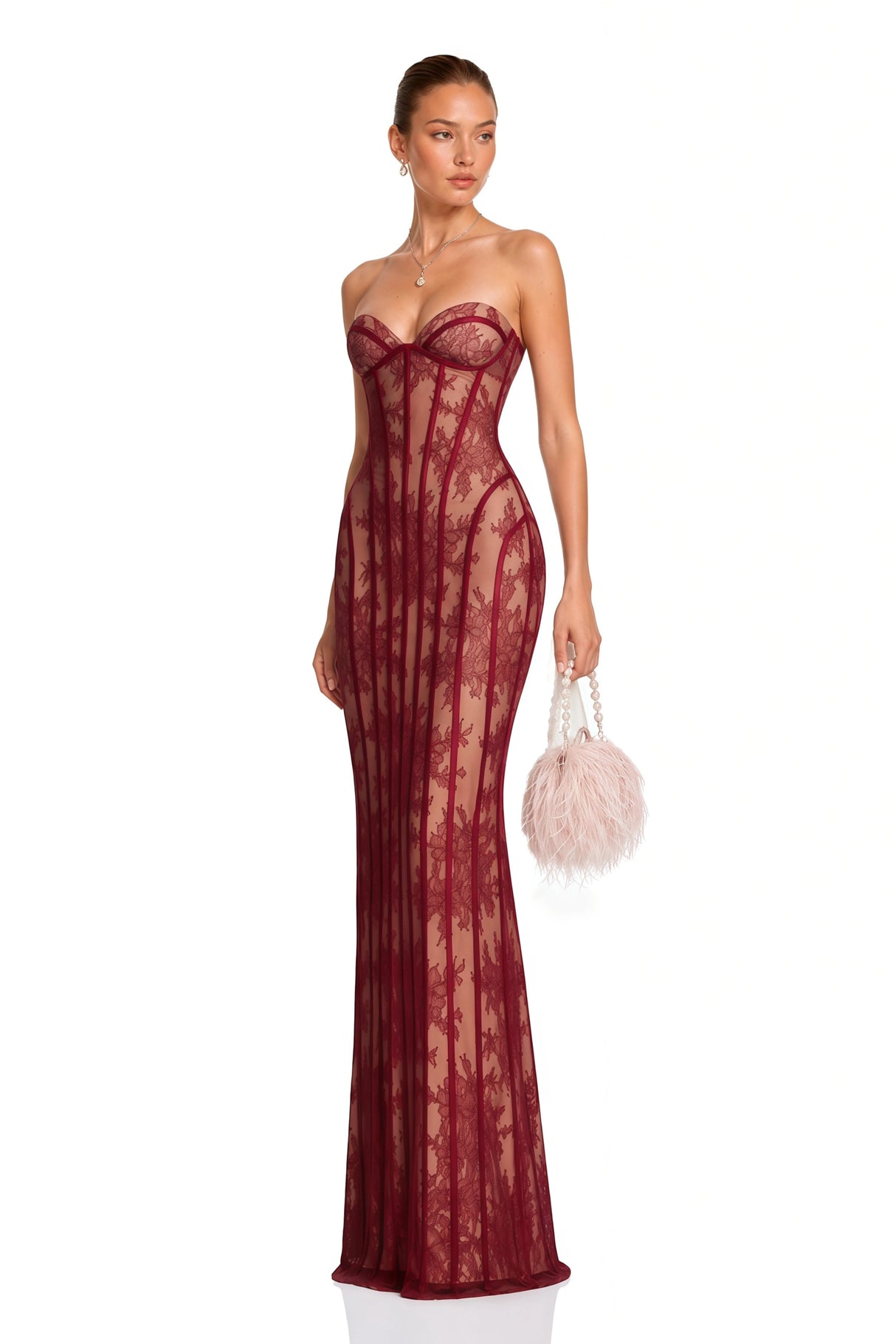 Urszula Red Floral Lace Corset Maxi Dress