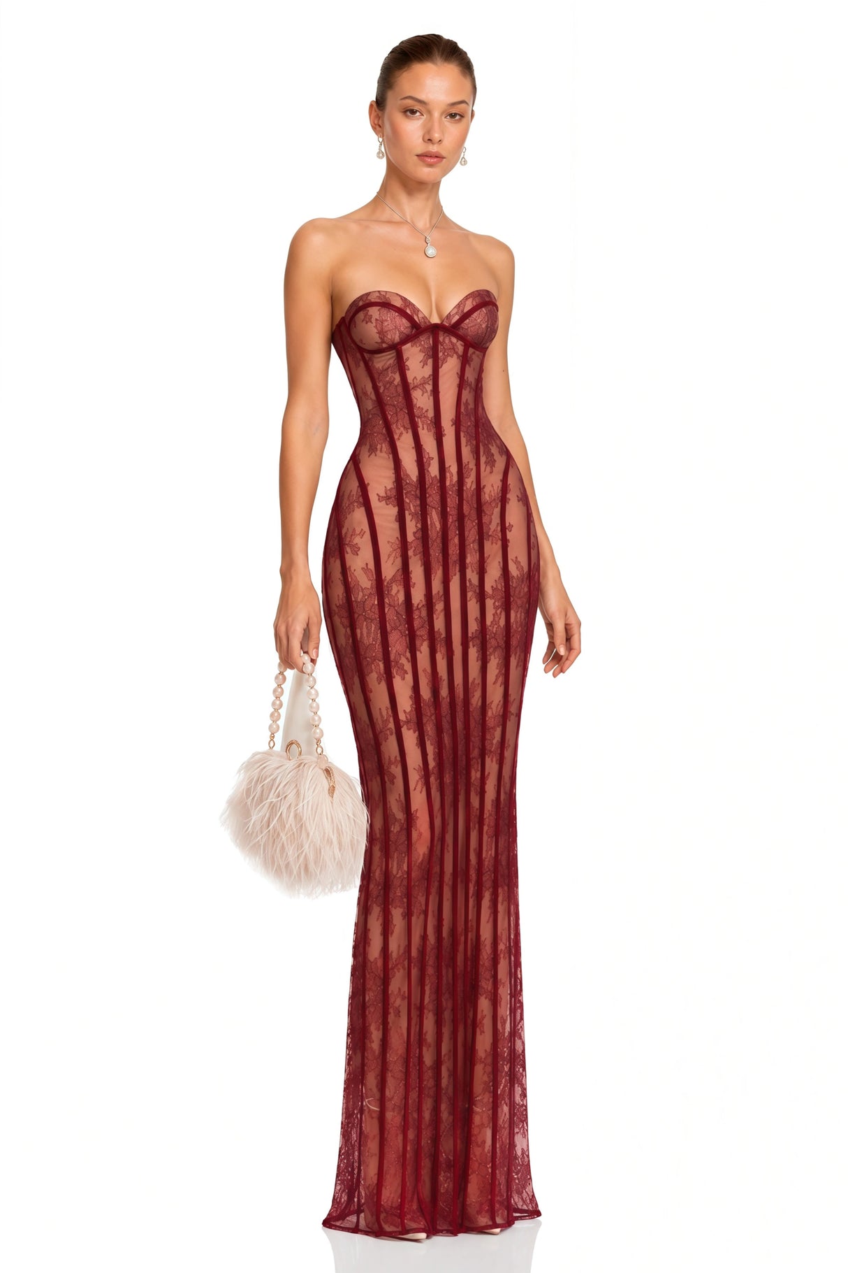 Urszula Red Floral Lace Corset Maxi Dress