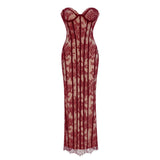 Urszula Red Floral Lace Corset Maxi Dress