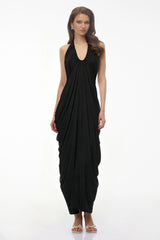 Ushas Black Halterneck Draped Maxi Dress