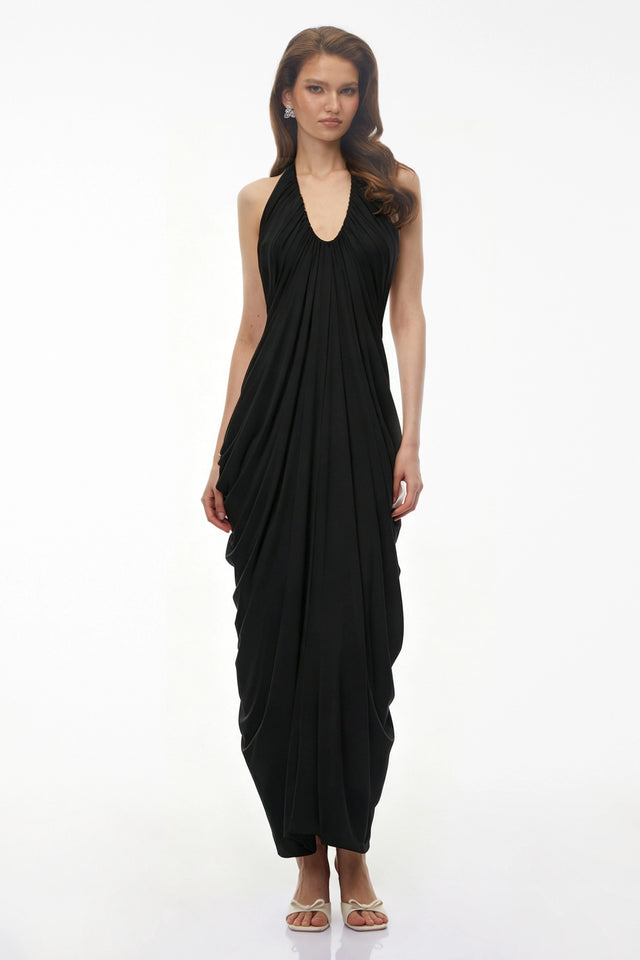 Ushas Black Halterneck Draped Maxi Dress