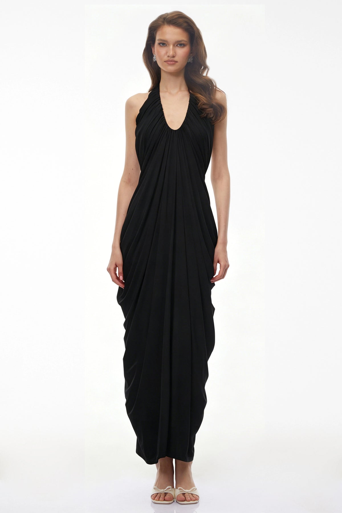 Ushas Black Halterneck Draped Maxi Dress