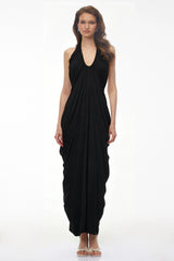 Ushas Black Halterneck Draped Maxi Dress