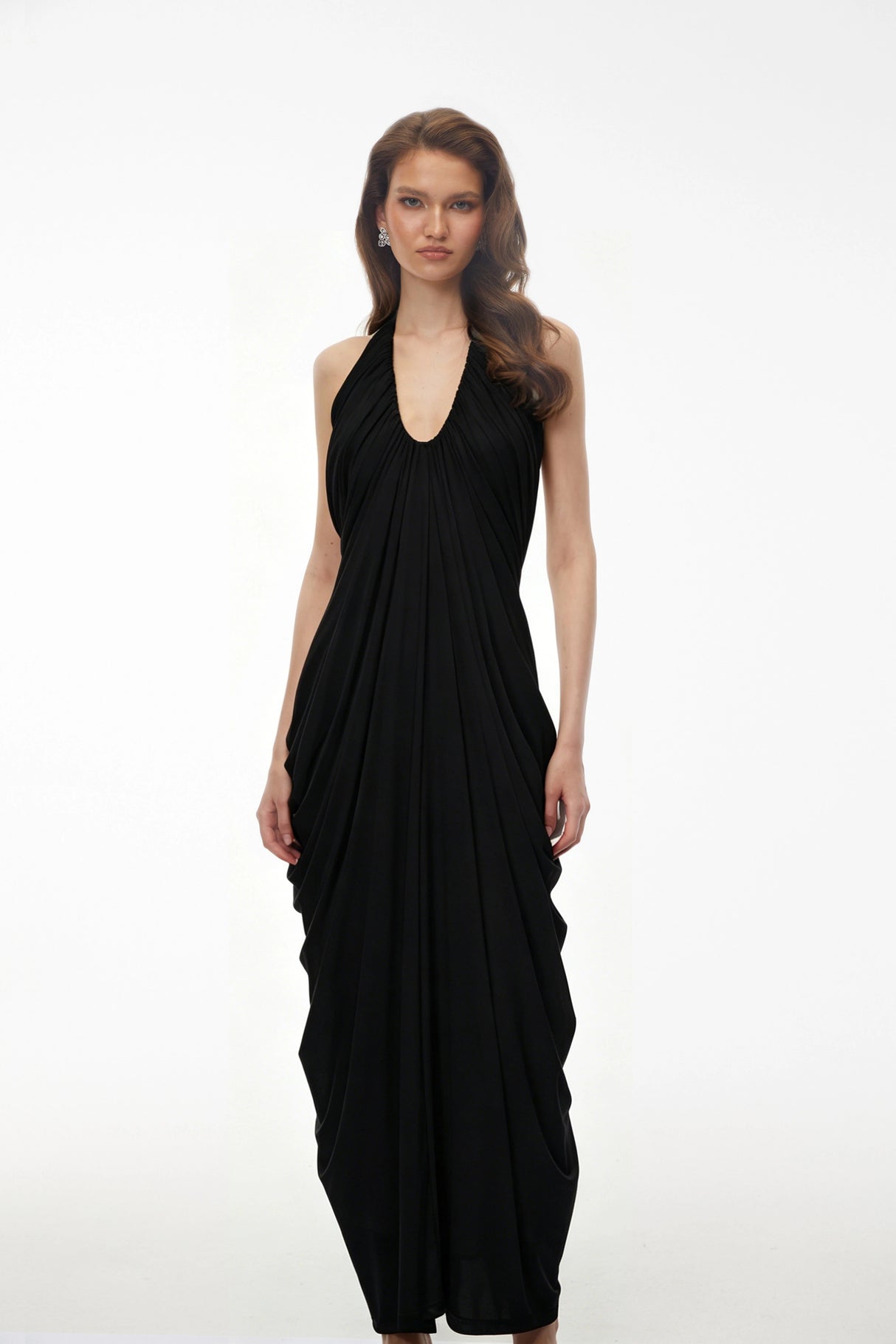Ushas Black Halterneck Draped Maxi Dress